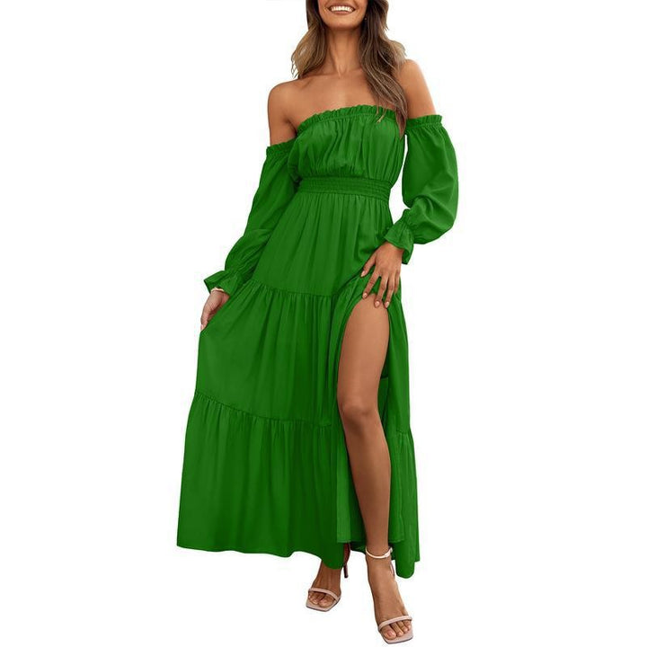Damen Boho Off-Shoulder Langarm Smocked High-Waist A-Line Maxikleid mit Seitenschlitz