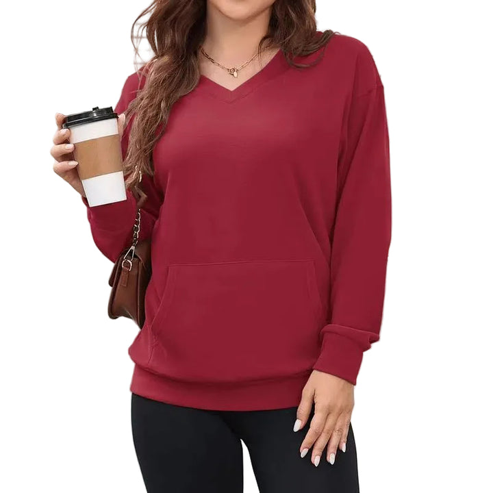 Gemütlicher Damen Hoodless V-Ausschnitt Sweatshirt mit Kängurutasche, Fleece Langarm Oversized Shirt