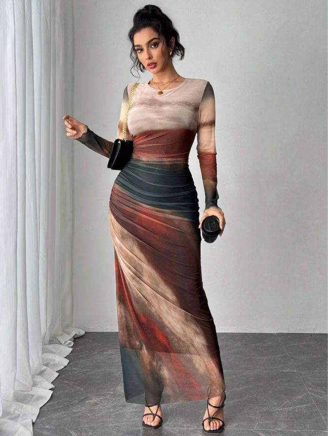 TORINA™ - Bequemes bedrucktes langärmliges Rundhals-Bodycon-Maxikleid