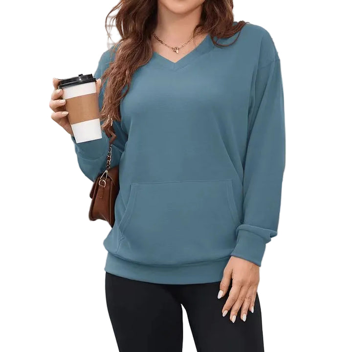 Gemütlicher Damen Hoodless V-Ausschnitt Sweatshirt mit Kängurutasche, Fleece Langarm Oversized Shirt