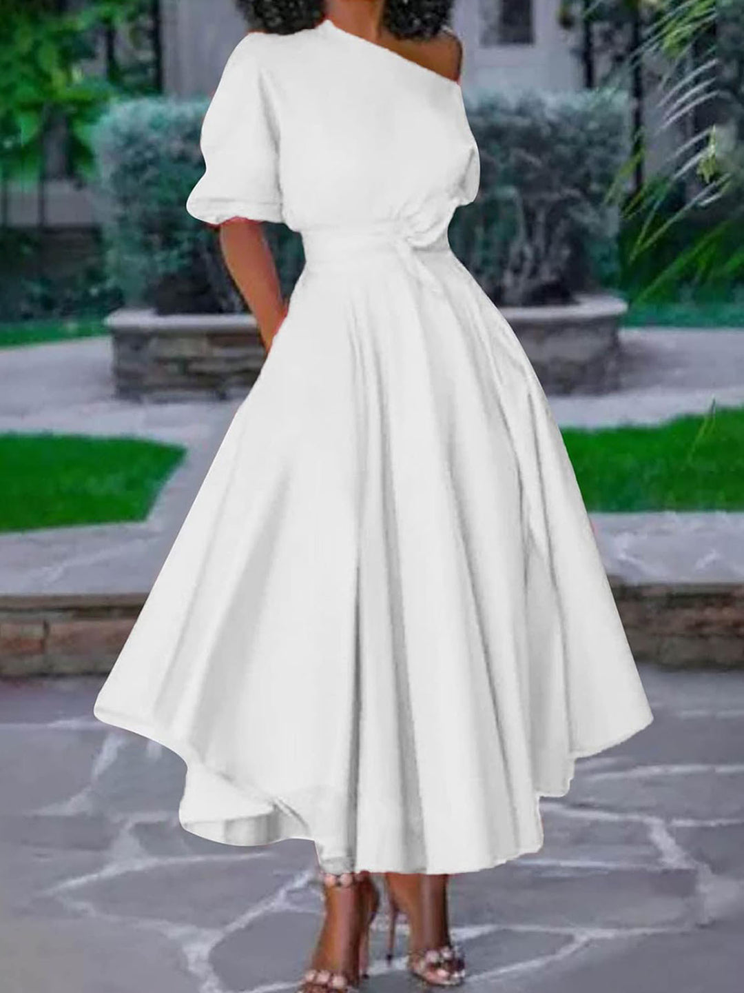 Damen Gürtel Bootsausschnitt A-Linie Kleid Für Sommeroutfits