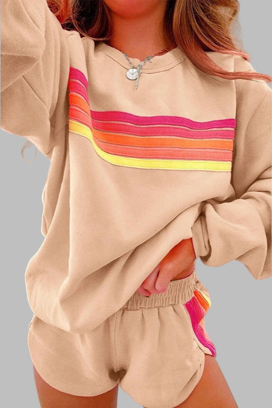 JOVIE™ - Bequemes gestreiftes Rundhalsoberteil und Shorts Schlafanzug-Set