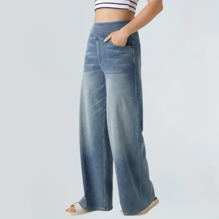 Damen High-Waist Ausgewaschene Baggy Wide-Leg Stretchy Strickjeans mit mehreren Taschen