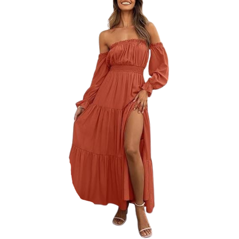 Damen Boho Off-Shoulder Langarm Smocked High-Waist A-Line Maxikleid mit Seitenschlitz