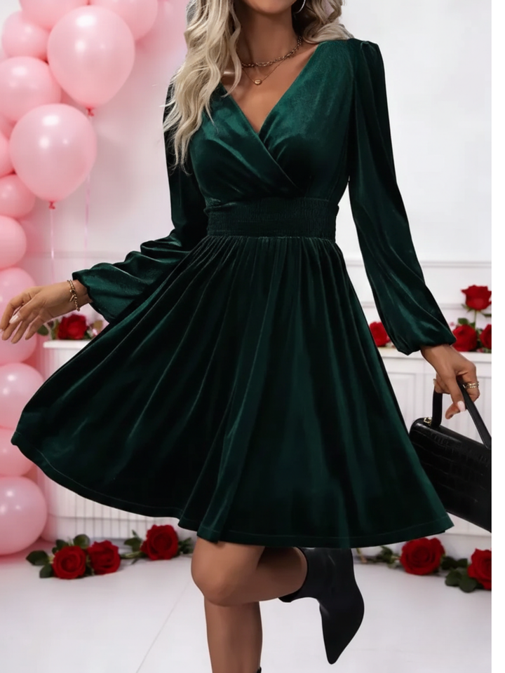 Elegantes Damen Samtkleid mit V-Ausschnitt, langen Ärmeln und tailliertem Schnitt, kurzes Party Kleid