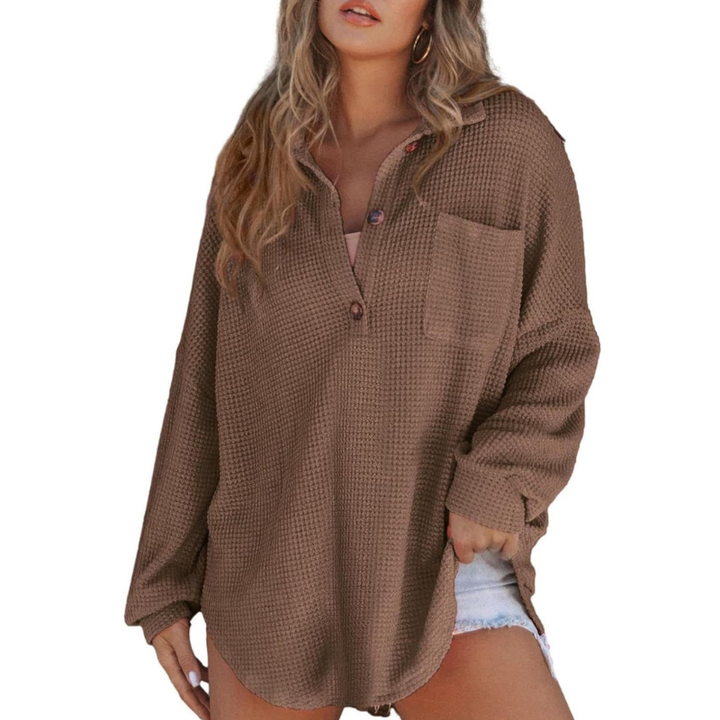 Bequemes Damen Oversized Henley Strick Tunika Shirt mit V-Ausschnitt und langen Ärmeln