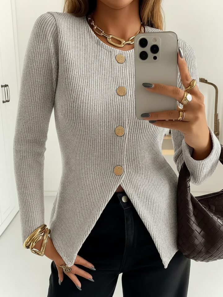 Damen Casual Elegantes Rippstrick Oberteil mit Knopfleiste, figurbetontes Uni Design