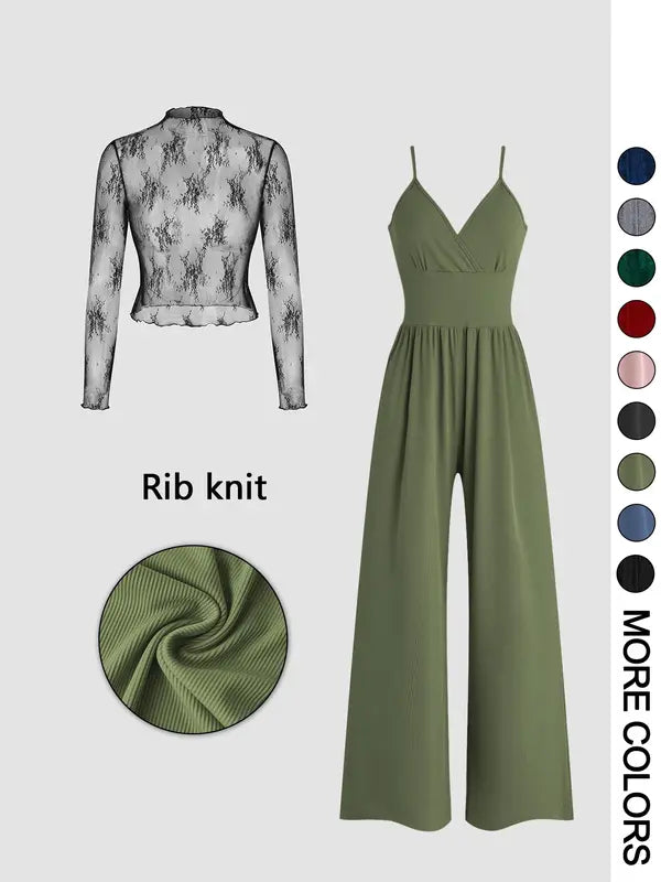 Solid Lace Tee & Pocket Jumpsuit Zweiteiliges Set