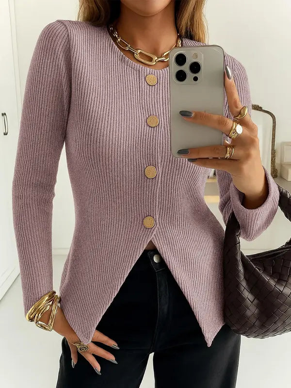 Damen Casual Elegantes Rippstrick Oberteil mit Knopfleiste, figurbetontes Uni Design