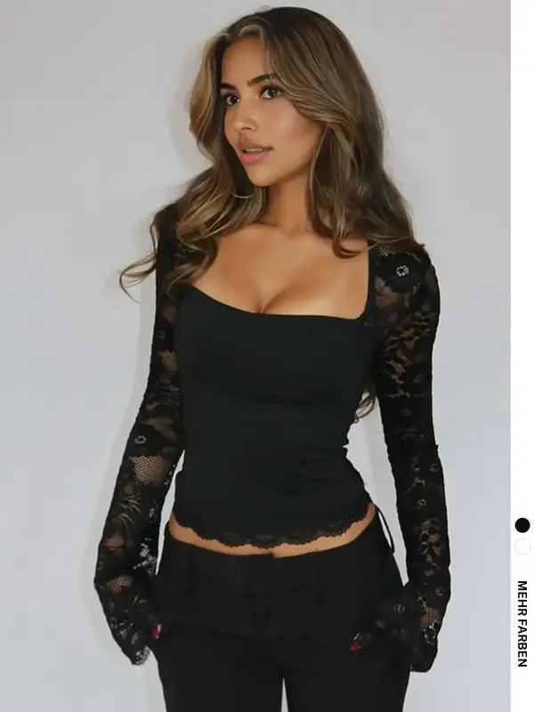 Spitzenblumen Einsätze Mit Rüschenbesatz Und Durchsichtiger Langarm-Top