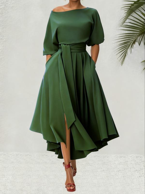 Damen Gürtel Bootsausschnitt A-Linie Kleid Für Sommeroutfits