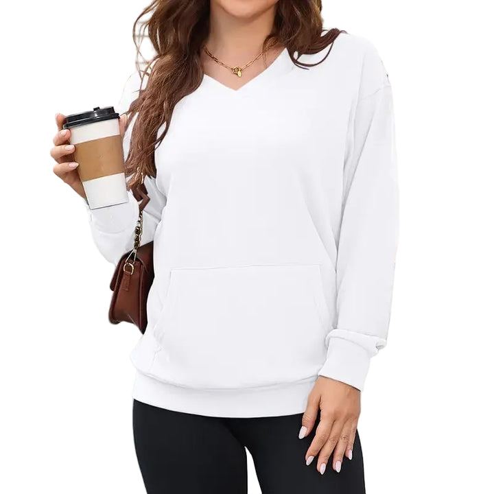 Gemütlicher Damen Hoodless V-Ausschnitt Sweatshirt mit Kängurutasche, Fleece Langarm Oversized Shirt
