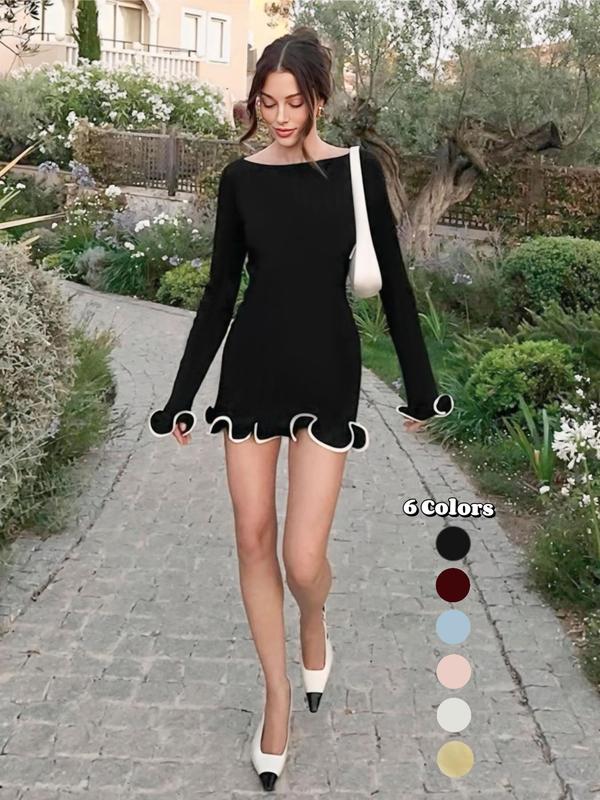 Elegantes Colorblock Wellen Saum A-Linie Strickkleid, Langarm Casual