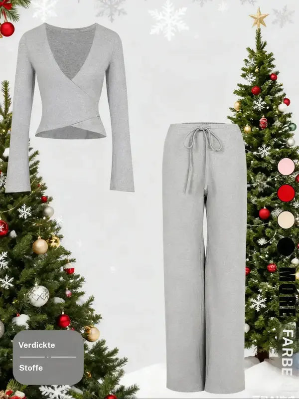 Stilvolles Damen Fashion Set mit V Ausschnitt Oberteil und schmal geschnittener Hose