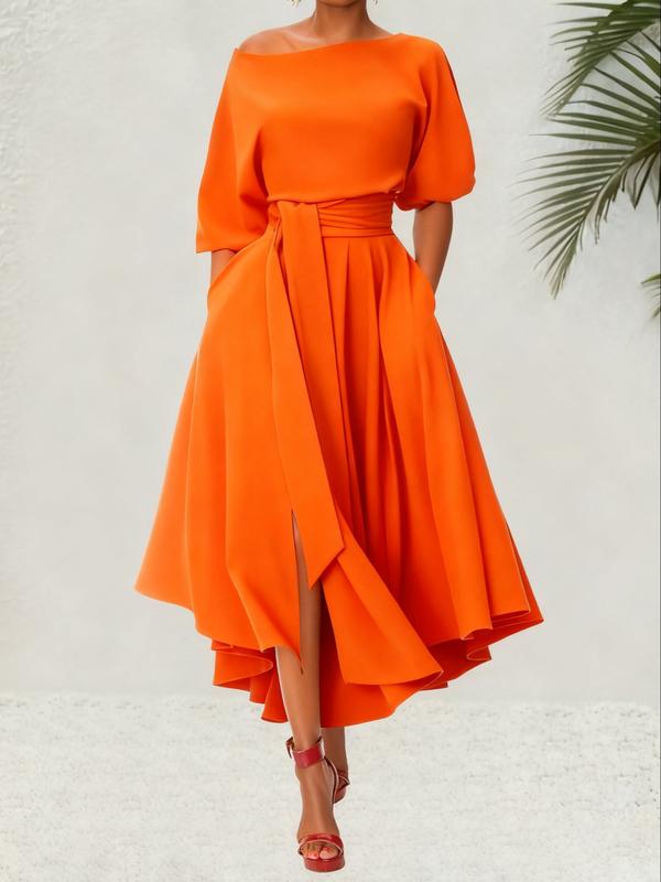 Damen Gürtel Bootsausschnitt A-Linie Kleid Für Sommeroutfits