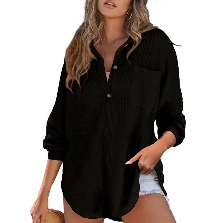Bequemes Damen Oversized Henley Strick Tunika Shirt mit V-Ausschnitt und langen Ärmeln