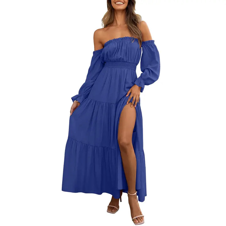 Damen Boho Off-Shoulder Langarm Smocked High-Waist A-Line Maxikleid mit Seitenschlitz