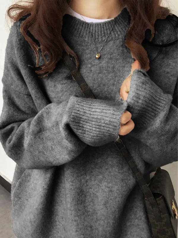 Einfaches Damen Strickpullover mit Drop Shoulder und Rundhalsausschnitt für Herbst & Winter