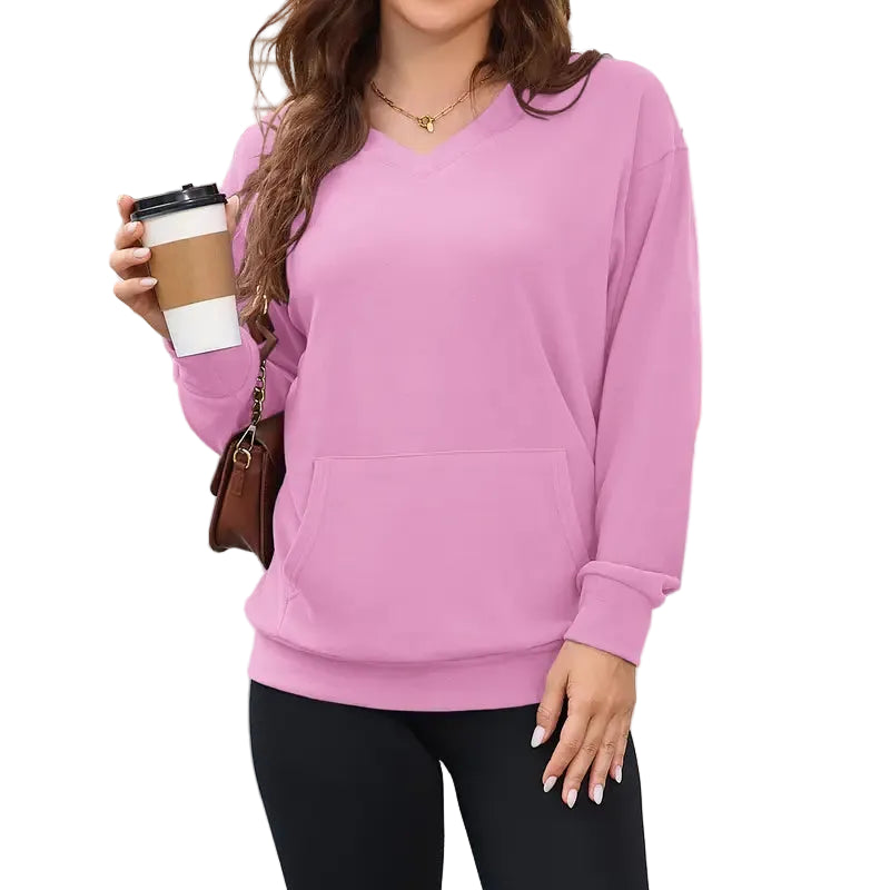 Gemütlicher Damen Hoodless V-Ausschnitt Sweatshirt mit Kängurutasche, Fleece Langarm Oversized Shirt