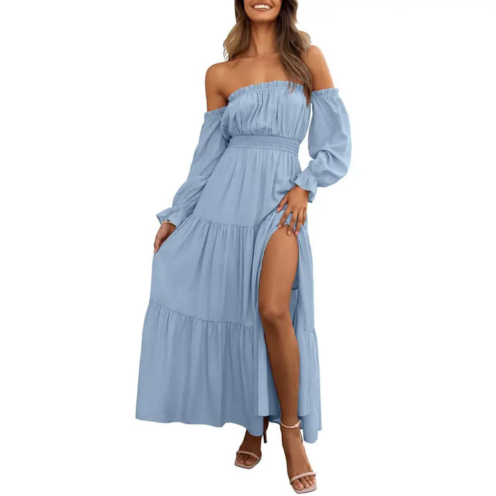 Damen Boho Off-Shoulder Langarm Smocked High-Waist A-Line Maxikleid mit Seitenschlitz