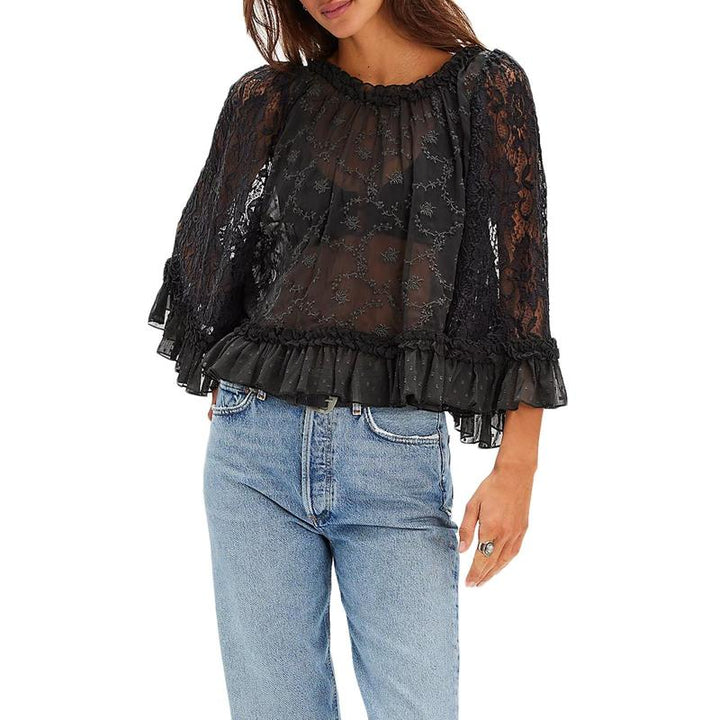 Stilvolles Damen Lace T-Shirt mit langen Glockenärmeln und Rundhalsausschnitt für den Sommer