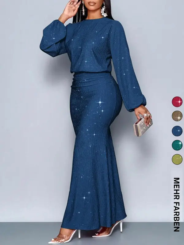 Elegantes Damen Glitzer Maxi Kleid mit langen Ärmeln und hoher Taille