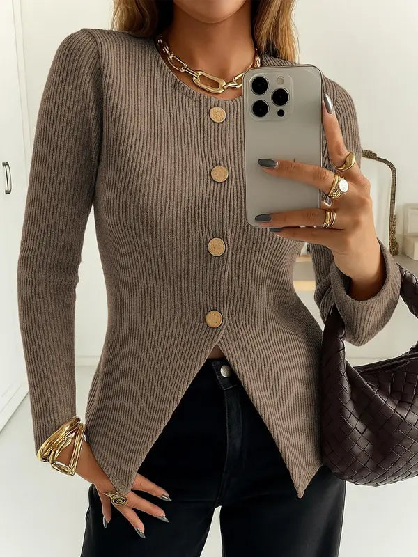 Damen Casual Elegantes Rippstrick Oberteil mit Knopfleiste, figurbetontes Uni Design