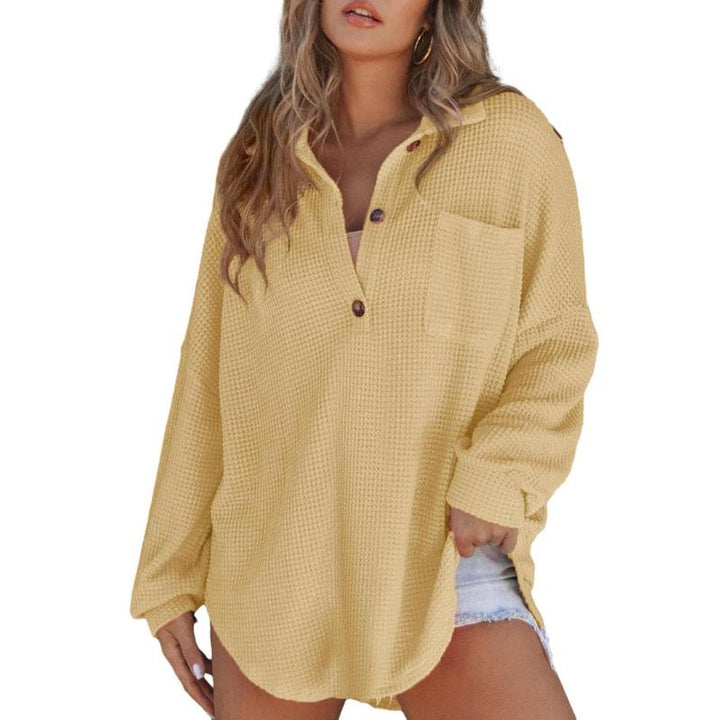 Bequemes Damen Oversized Henley Strick Tunika Shirt mit V-Ausschnitt und langen Ärmeln