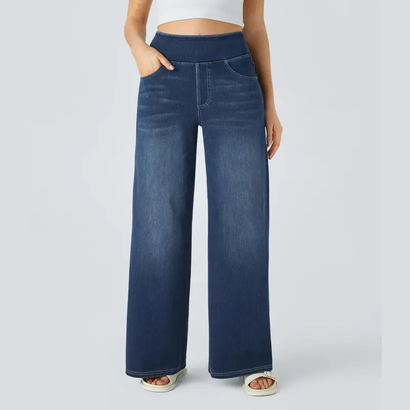 Damen High-Waist Ausgewaschene Baggy Wide-Leg Stretchy Strickjeans mit mehreren Taschen