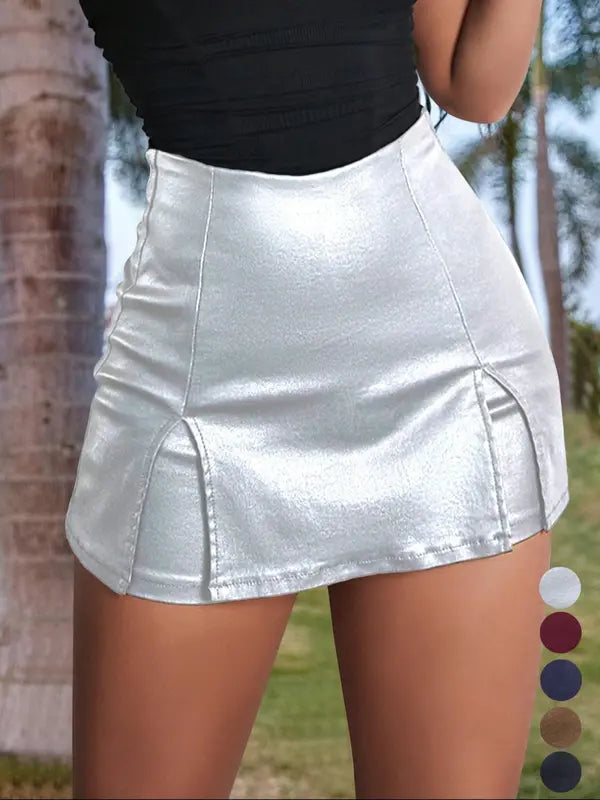 Damen PU Leder A Linien Rock mit niedriger Taille und Falten für Frühling & Sommer