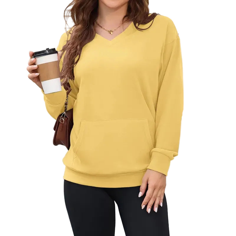 Gemütlicher Damen Hoodless V-Ausschnitt Sweatshirt mit Kängurutasche, Fleece Langarm Oversized Shirt