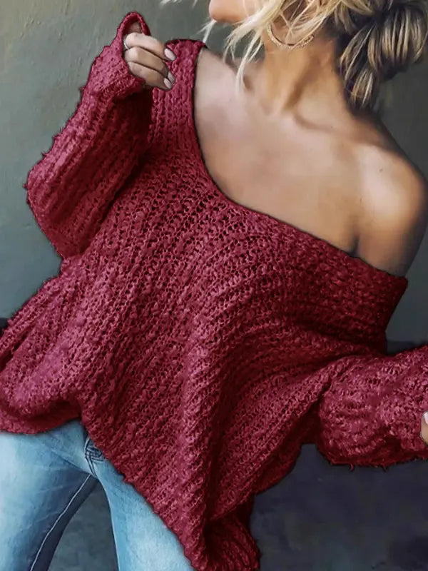 Damen schlichter V Ausschnitt Pullover mit Drop Shoulder und langen Ärmeln