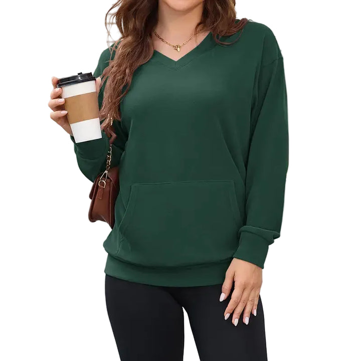 Gemütlicher Damen Hoodless V-Ausschnitt Sweatshirt mit Kängurutasche, Fleece Langarm Oversized Shirt