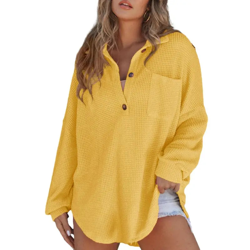 Bequemes Damen Oversized Henley Strick Tunika Shirt mit V-Ausschnitt und langen Ärmeln