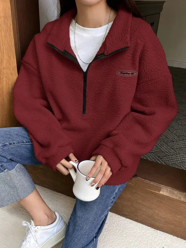 Damen Fleece Sweatshirt mit Buchstaben Patch Half Zip Drop Shoulder und langen Ärmeln