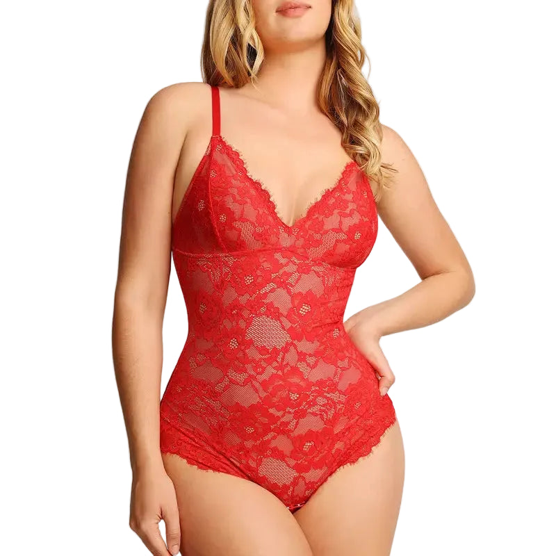 Eleganter Damen Shapewear Body mit Spitze und V Ausschnitt