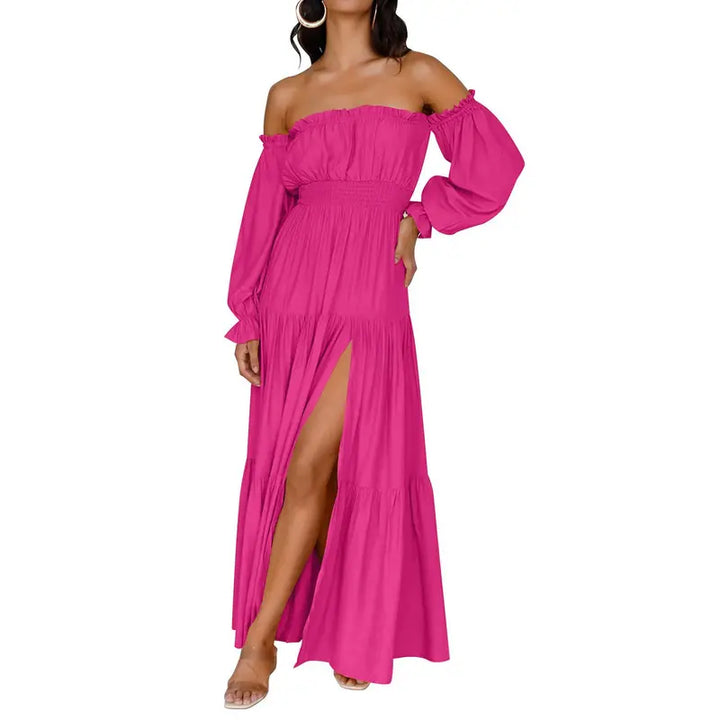 Damen Boho Off-Shoulder Langarm Smocked High-Waist A-Line Maxikleid mit Seitenschlitz
