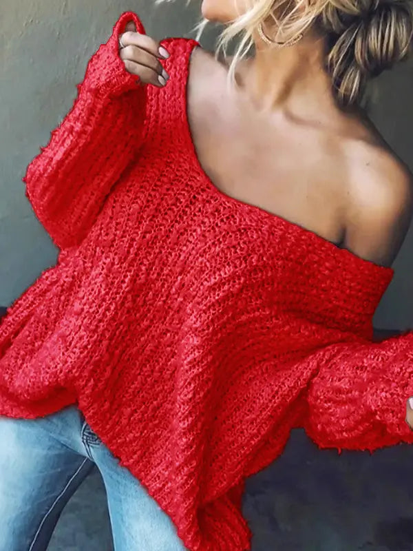 Damen schlichter V Ausschnitt Pullover mit Drop Shoulder und langen Ärmeln