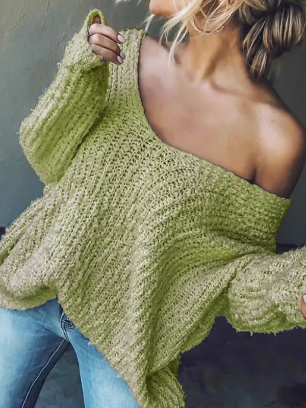 Damen schlichter V Ausschnitt Pullover mit Drop Shoulder und langen Ärmeln