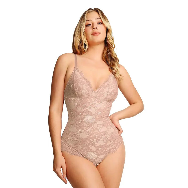 Eleganter Damen Shapewear Body mit Spitze und V Ausschnitt