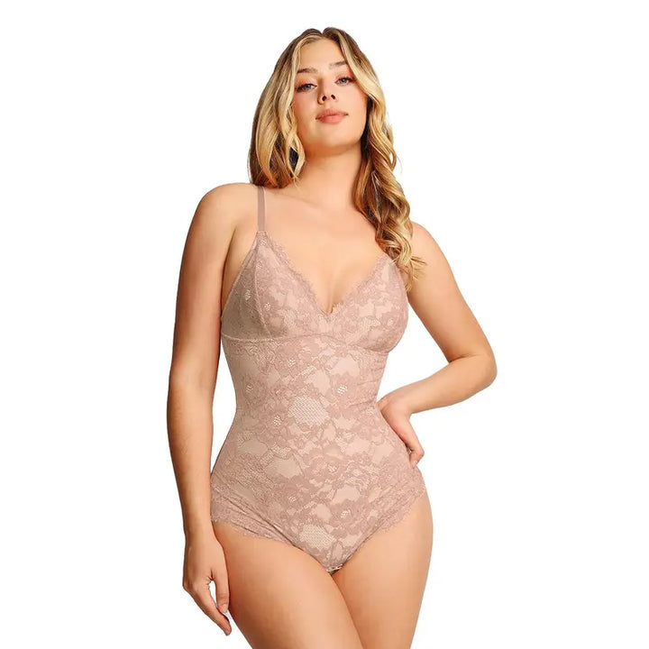 Eleganter Damen Shapewear Body mit Spitze und V Ausschnitt
